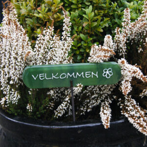 03004000 Velkommenskilt på pind i grøn i blomsterkrukke